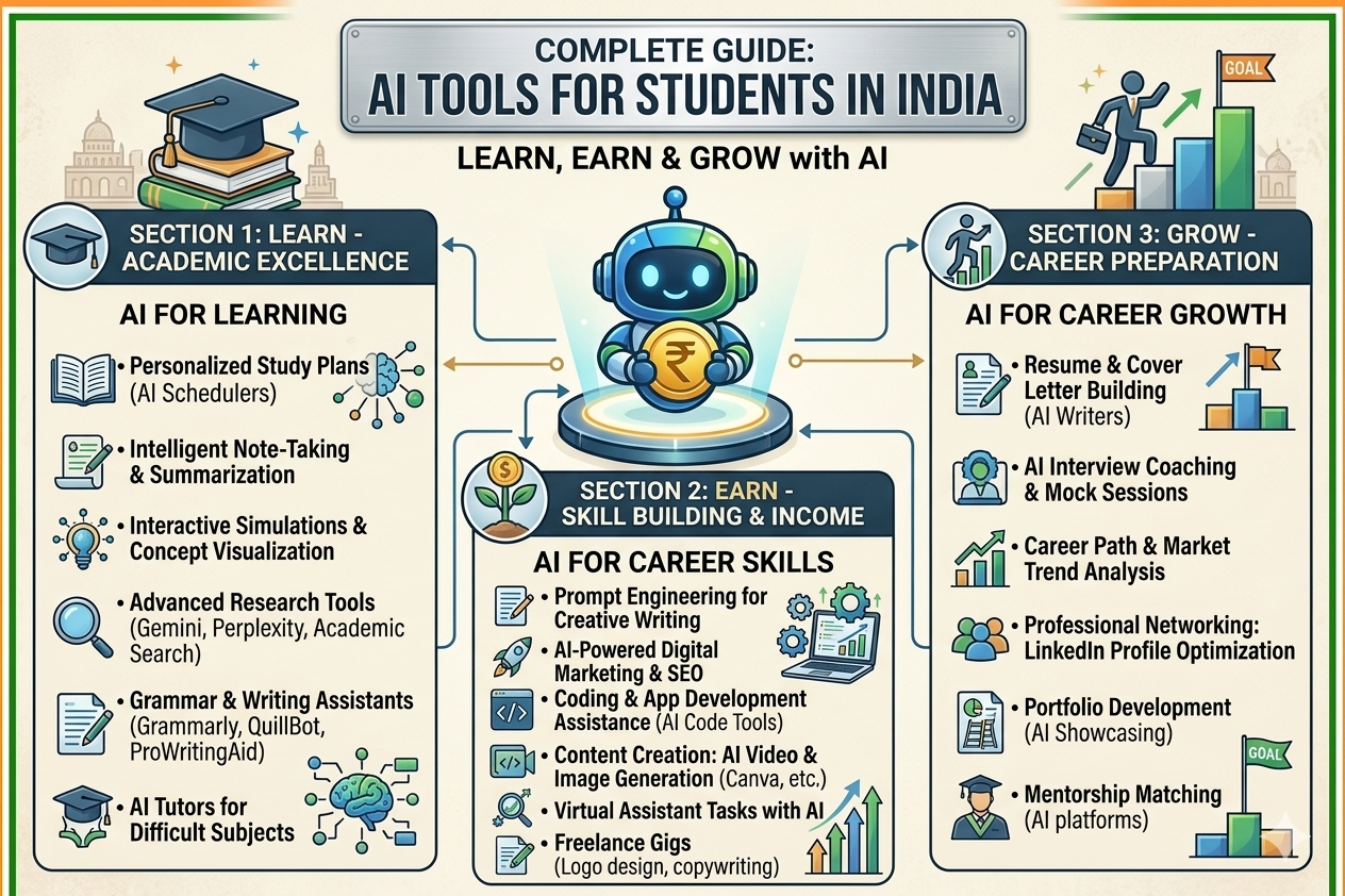 Best AI tools for students India 2026 — academic excellence, freelancing income and career growth infographic